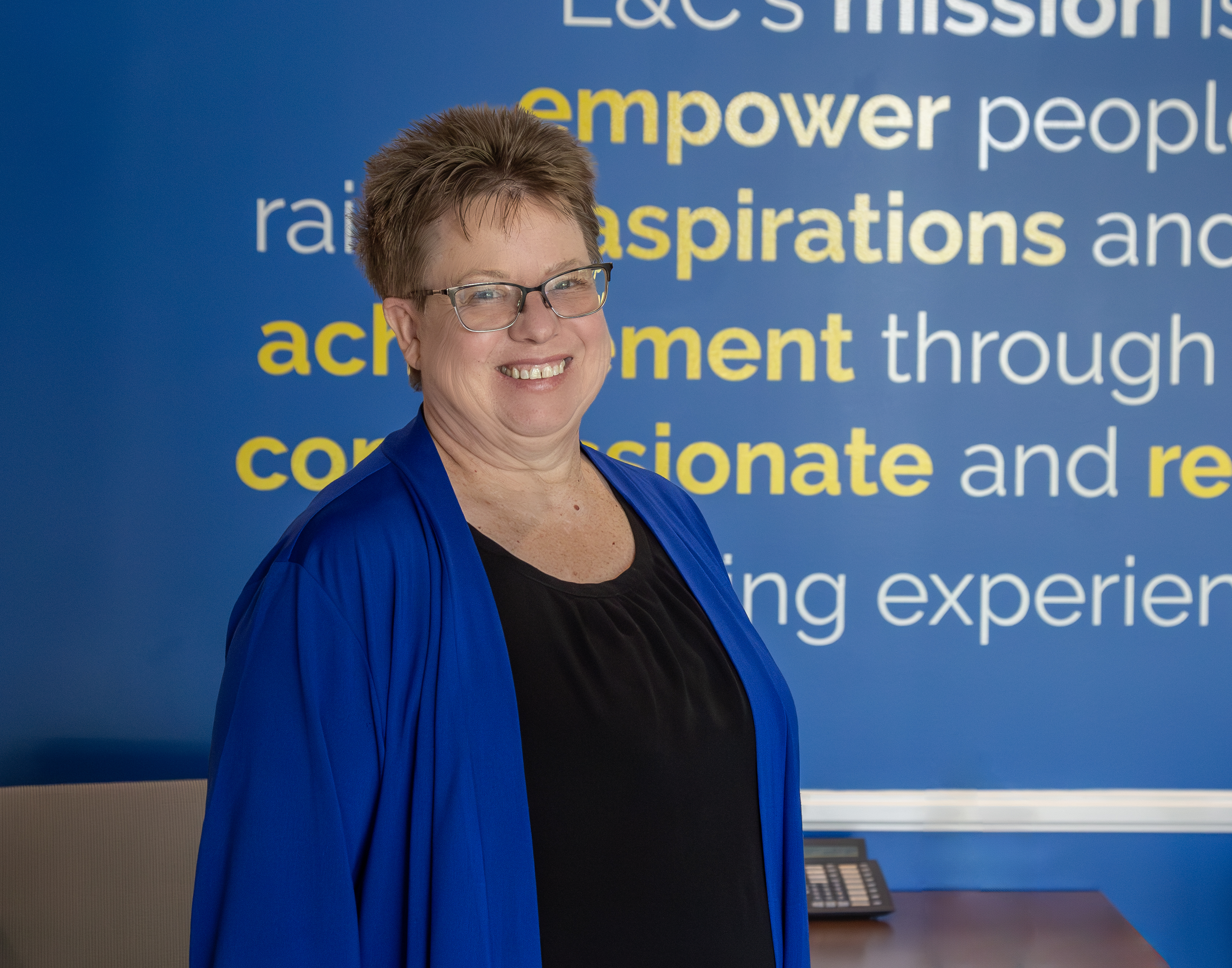 Executive Secretary Sue Keener is the college’s newest recipient of the Pantone 286 Award, Lewis and Clark Community College’s highest honor, given to team members who embody the Trailblazer spirit. JAN DONA/L&C Marketing & PR
