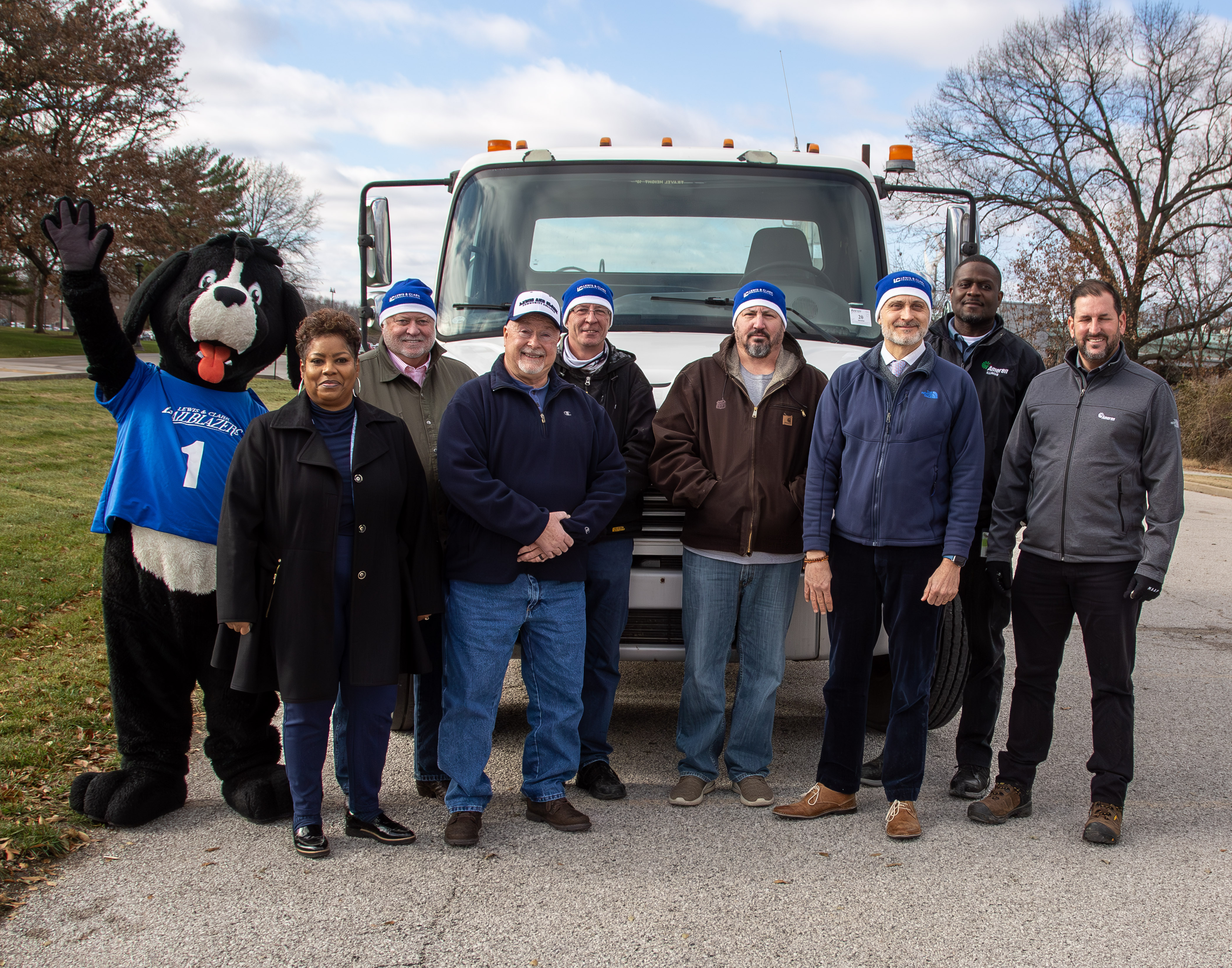 From left to right, L&C’s mascot Blazer, Ameren Illinois Community Relations Executive Paula Nixon, L&C Board of Trustees President Dwight Werts, L&C Truck Driver Training Program Coordinator Kent Ripperda, L&C Truck Driver Training/Instructional Planner Joe Turner, L&C Truck Driver Trainer Matthew Newman, Ameren Illinois Superintendent of West Region Gas Operations Eric Daniels and Ameren Illinois Director of West Region Gas Operations Aitor Barrio. JAN DONA/L&C MARKETING & PR