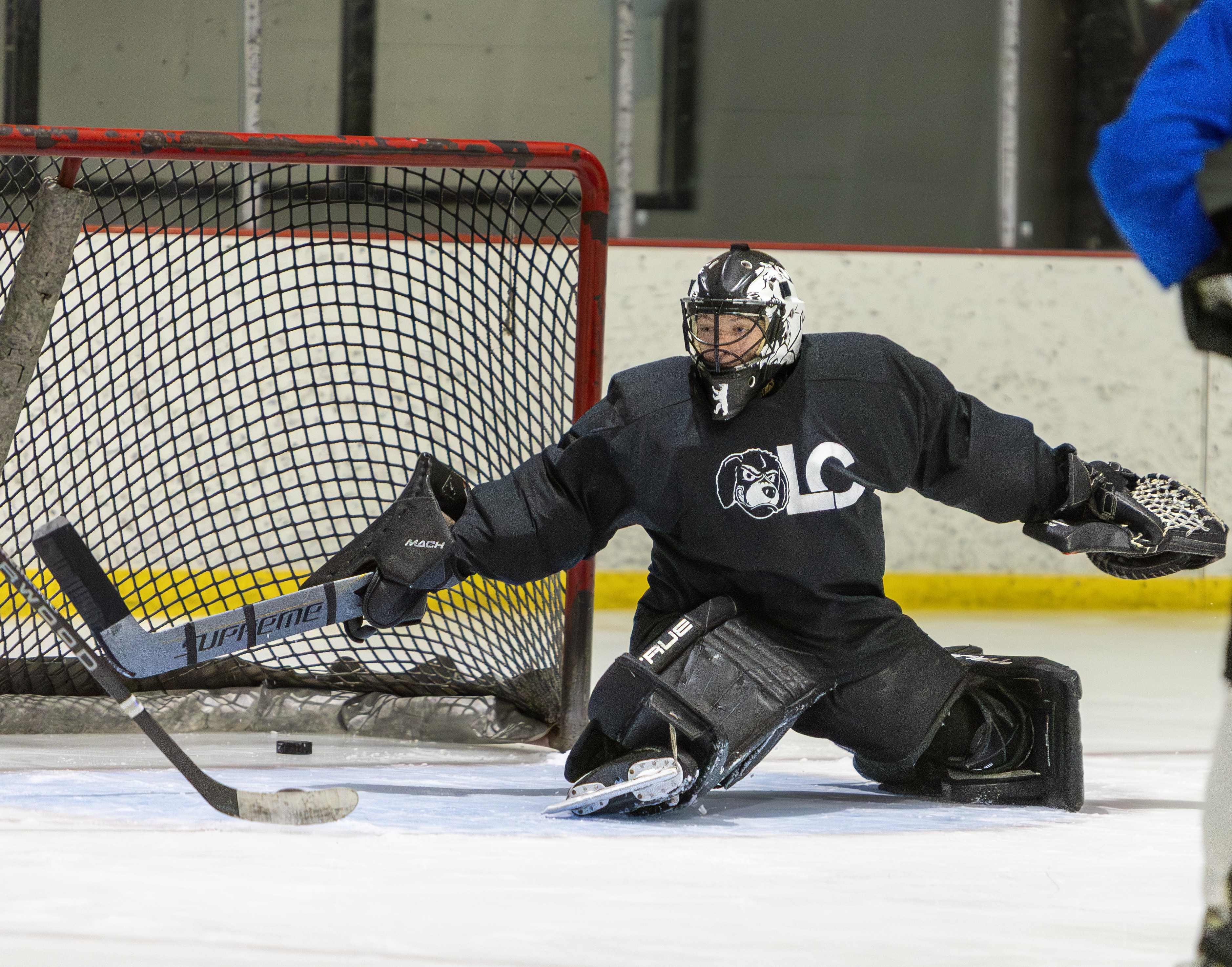 Freshman goalie Barron Arbeiter warms up during a team practice at the home of the new Trailblazers Men’s Hockey team, the East Alton Ice Arena. Photo by Jan Dona, LC Marketing/PR.