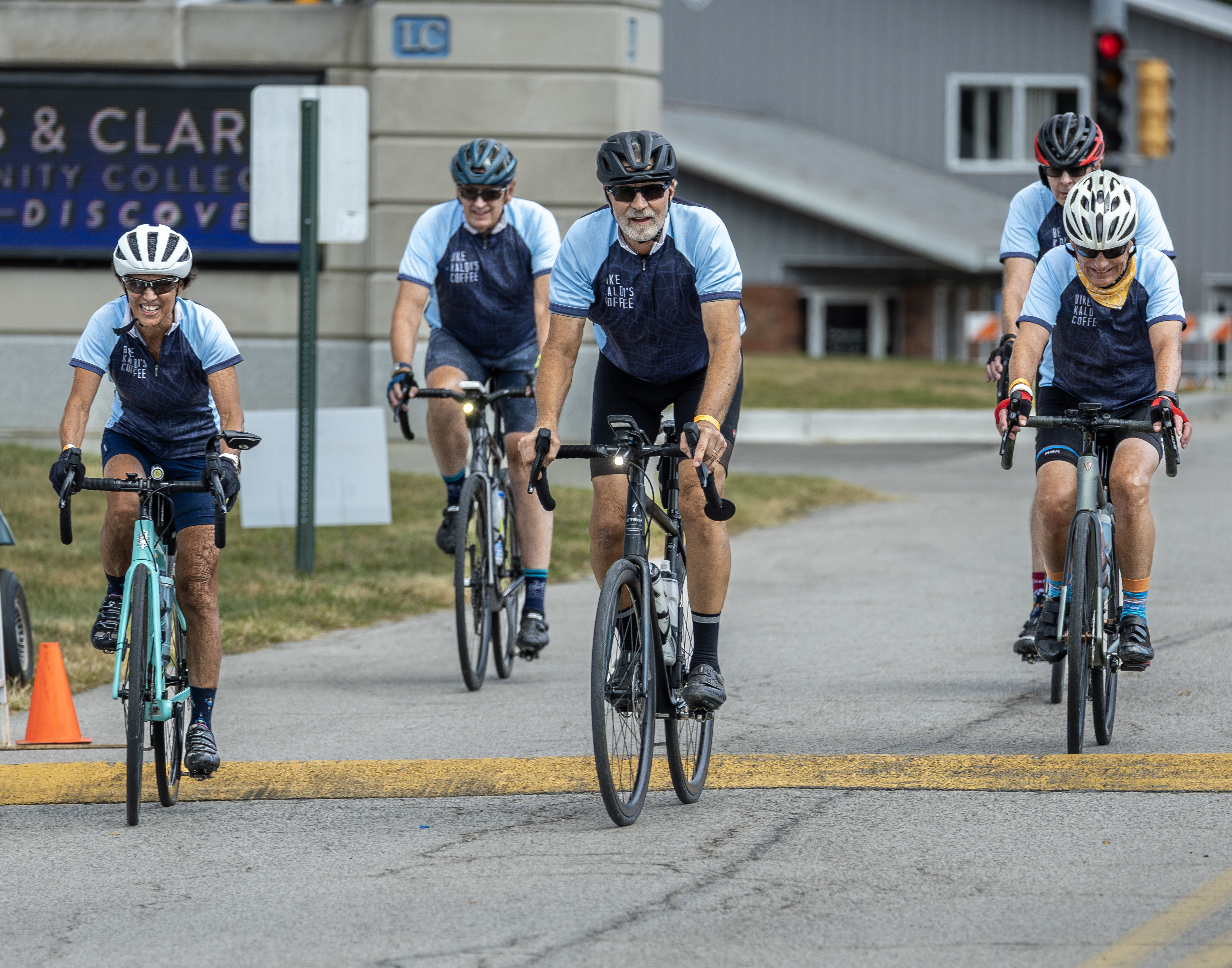 Riders with Team Kaldi’s Coffee return to LC’s Godfrey Campus on the first day of the 2025 Bike MS: Gateway Getaway Ride.  JAN DONA/LC Marketing & PR
