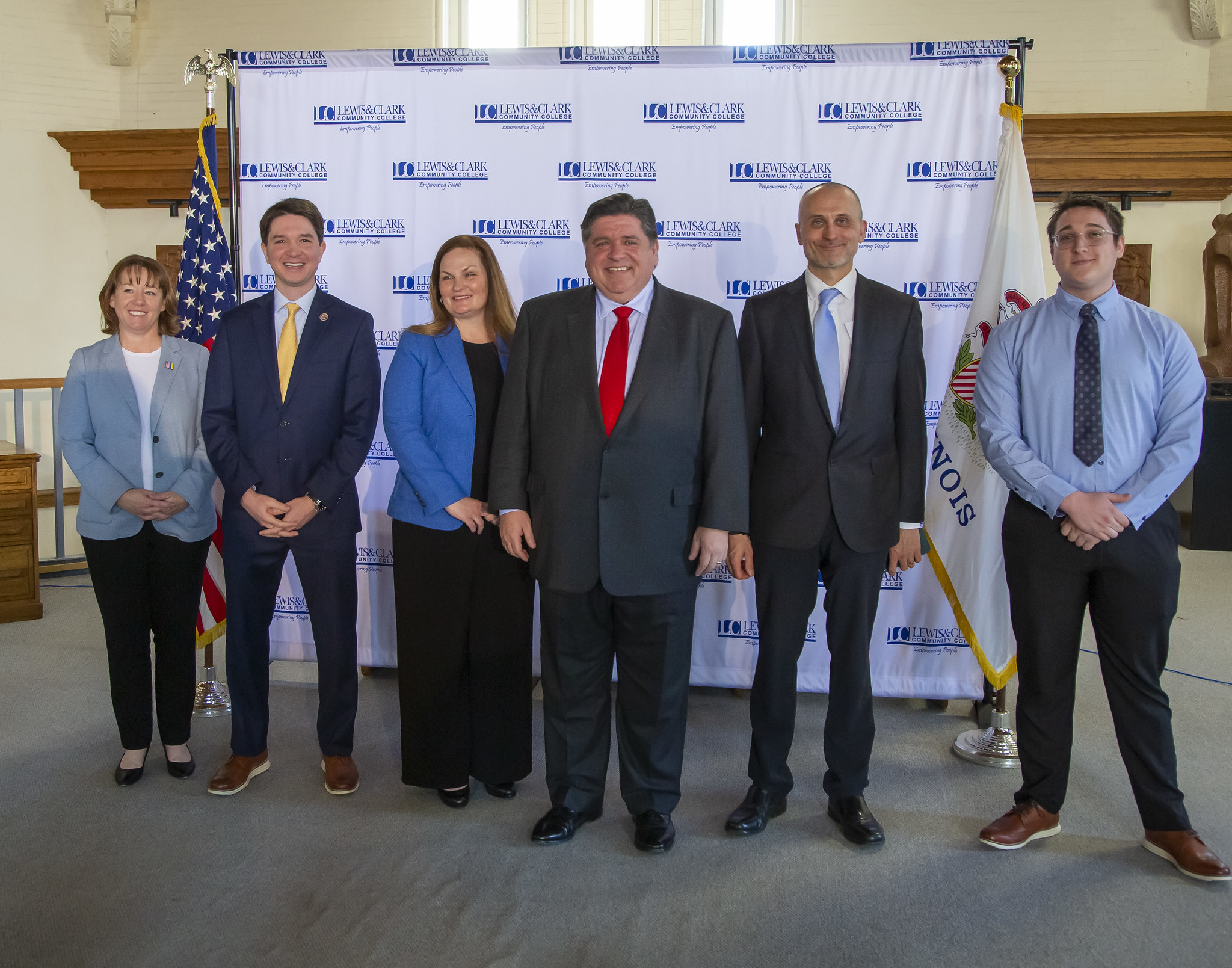 Pictured from left to right, Rep. Amy Elik, Sen. Steve McClure, Sen. Rachelle Crowe, Gov. J.B. Pritzker, L&C President Ken Trzaska and L&C Student Trustee Sam Copeland. Photo by Jan Dona, L&C Marketing & PR