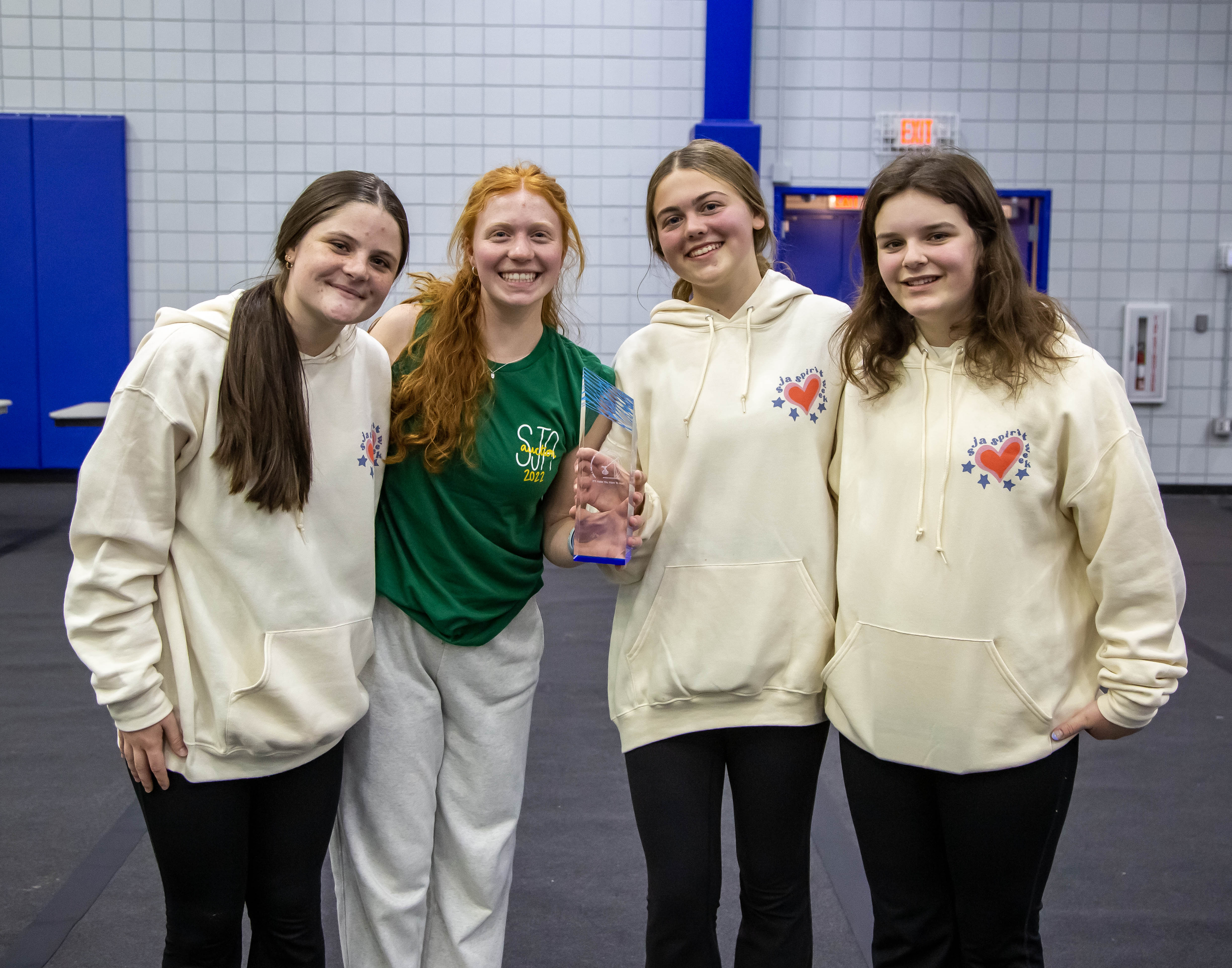 Angels Raining Down Destruction, from St. Joseph’s Academy in St. Louis, took first place in the trebuchet competition. From left to right are Lily Heit, Kate Hulsen, Lizzie Kirsch and Paige Evans