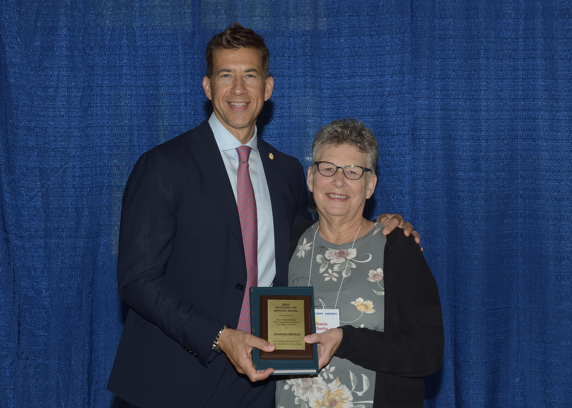 Project READ volunteer tutor Sharon Eberlin was presented with a 2023 Spotlight on Service Award by Illinois Secretary of State and State Librarian Alexi Giannoulias on May 10 at the Illinois State Library.