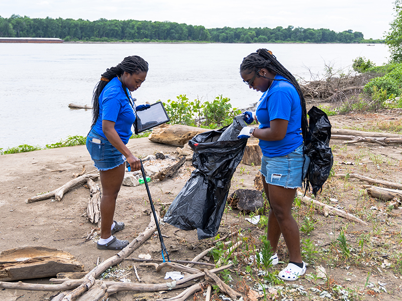 Students from SIUE TRiO picked up trash along the Mississippi River during their participation with the Swarovski Waterschool, which is housed at NGRREC.