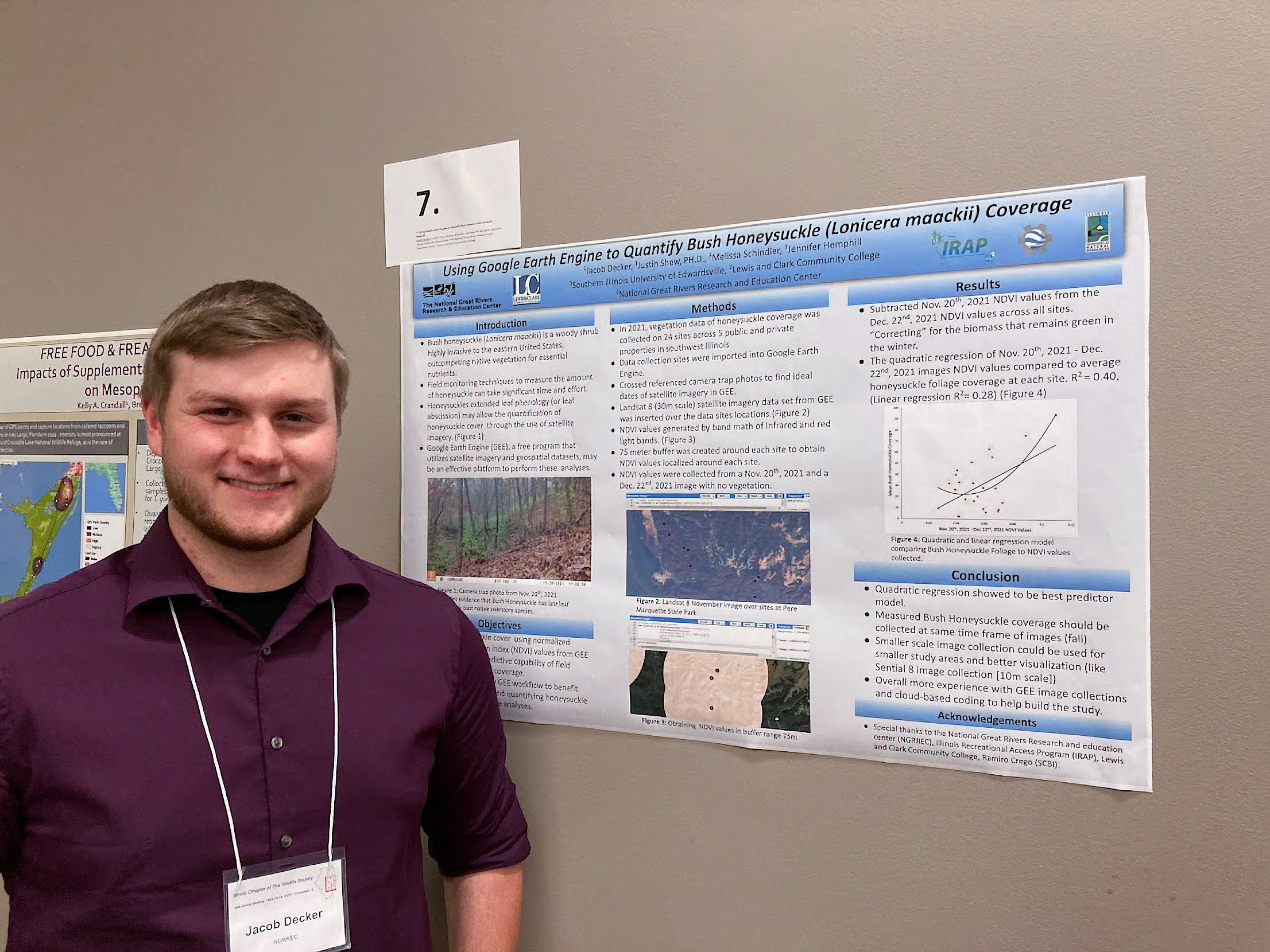 Jacob Decker, an L&C alumnus, former NGRREC Habitat Strike Team member and current NGRREC research intern, presented his Fall 2022 NGRREC research poster at the Annual Meeting of the Illinois Chapter of the Wildlife Society.