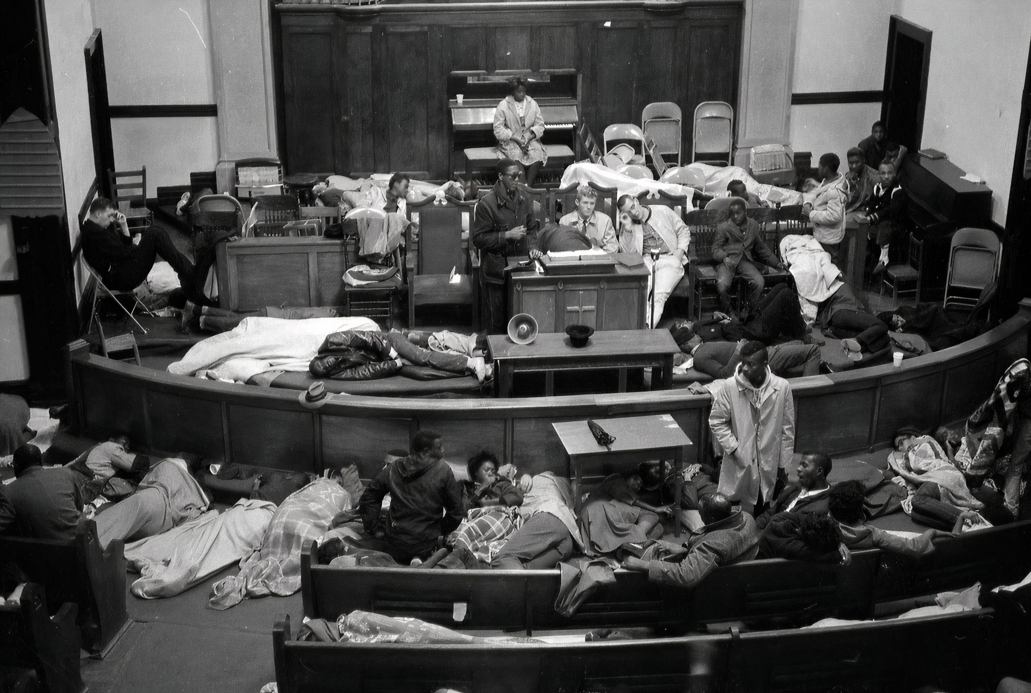 Civil rights activists sleep at Brown Chapel A.M.E. Church, Selma, Alabama, March 1965. Brown Chapel was the starting point for the Selma to Montgomery March.