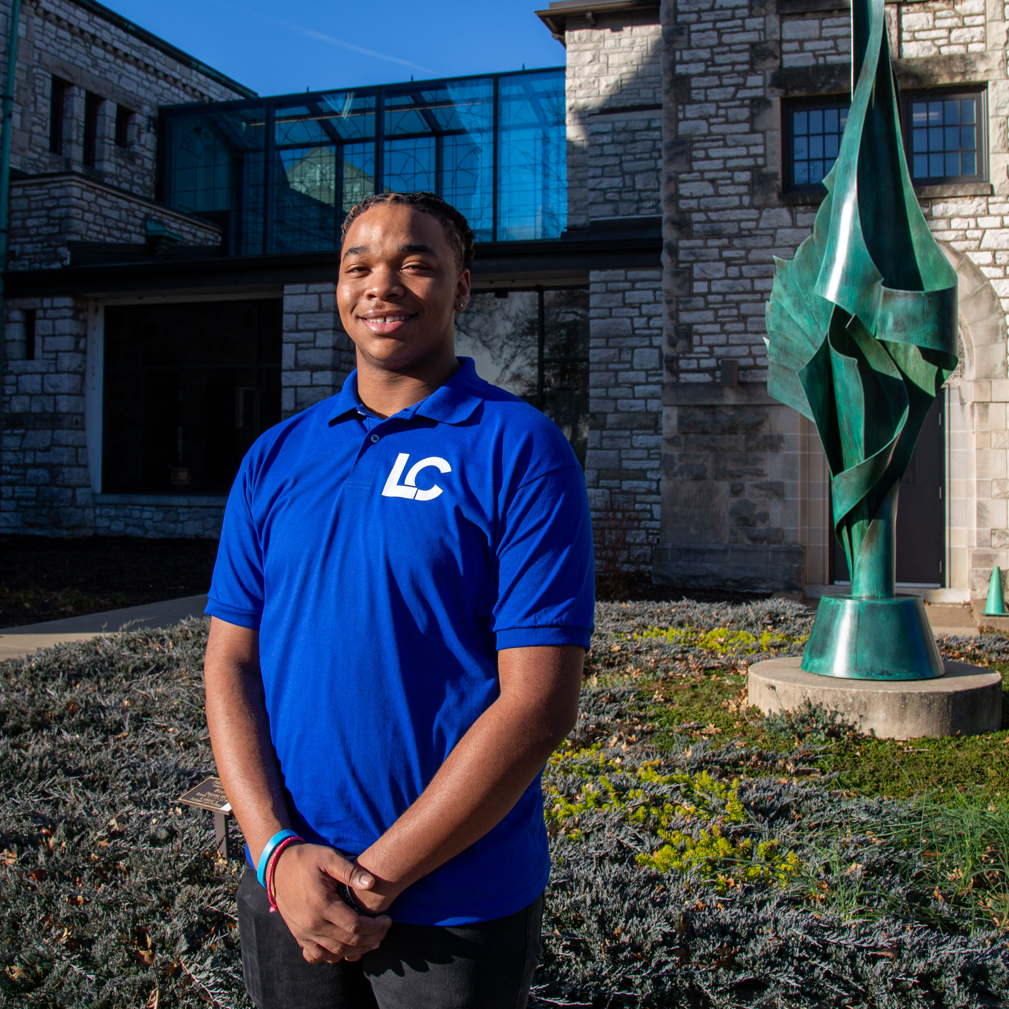 Brandon Hayes Jr. pictured outside of Wade Hall on the Godfrey Campus. JARED SMILACK/L&C MARKETING & PR