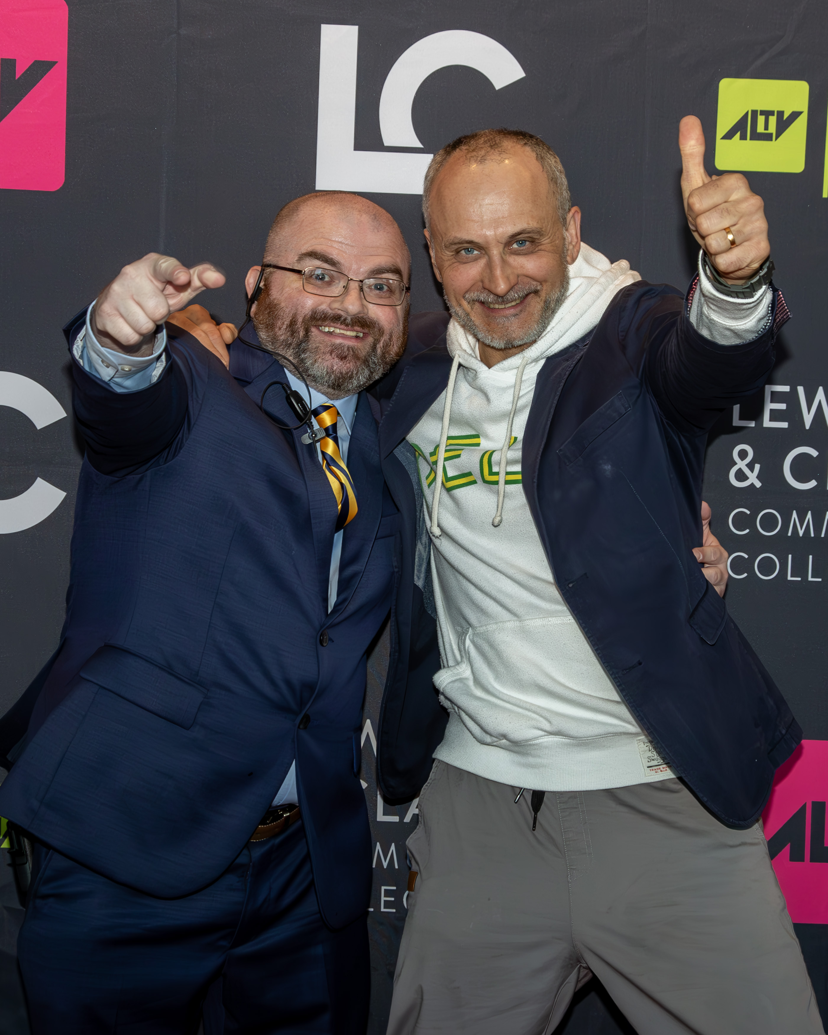 Lewis and Clark Community College Alumnus Kevin Edwards, left, and L&C President Ken Trzaska, pose for a photo on the red carpet prior to the 2024 Always Late TV Movie Awards held in the Hatheway Cultural Center this past March. JAN DONA/L&C Marketing & PR