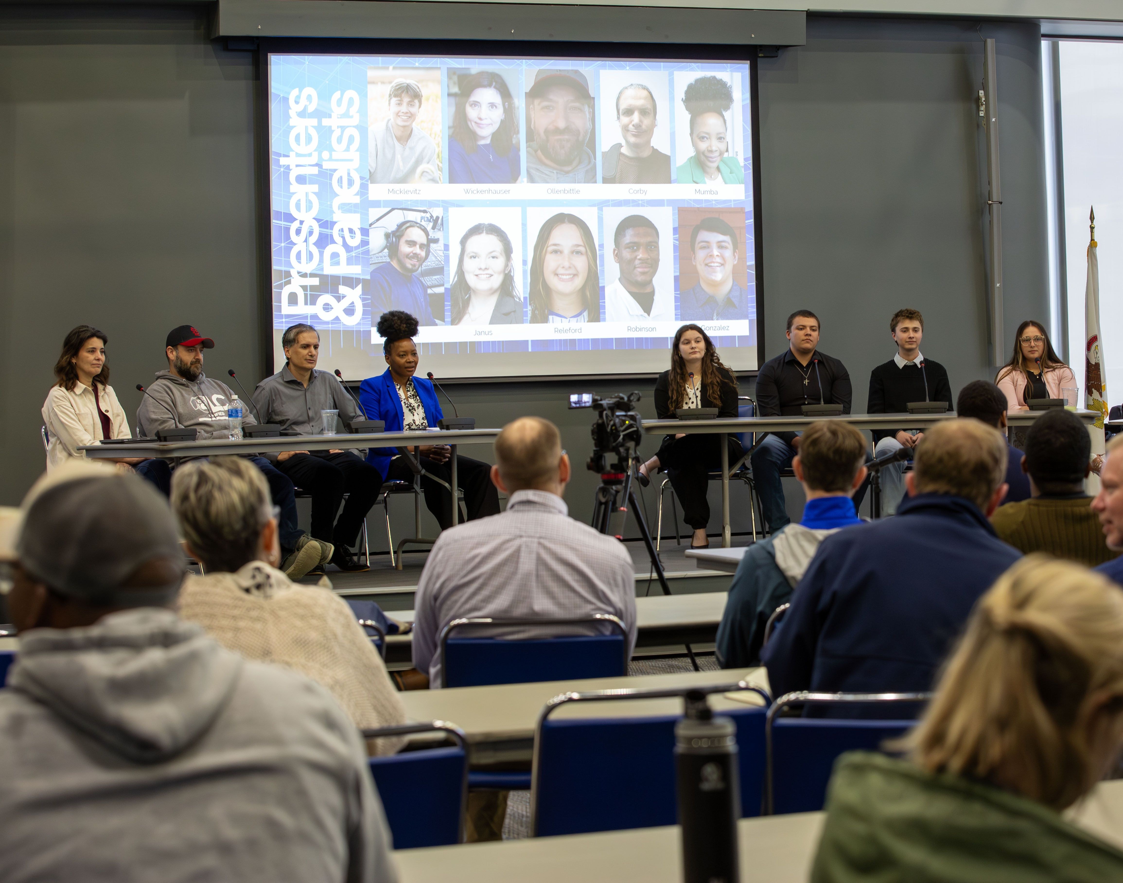 Lewis and Clark hosted a student-led panel discussion on AI in Education in May. Panelists included (L-R): faculty members Christina Wickenhauser, David Ollenbittle, Francis Corby and Mumba Mumba; and students Julia Janus, Roland Gonzalez, Ethan Micklevitz and Wrigley Releford. LAURA INLOW/L&C Marketing & PR
