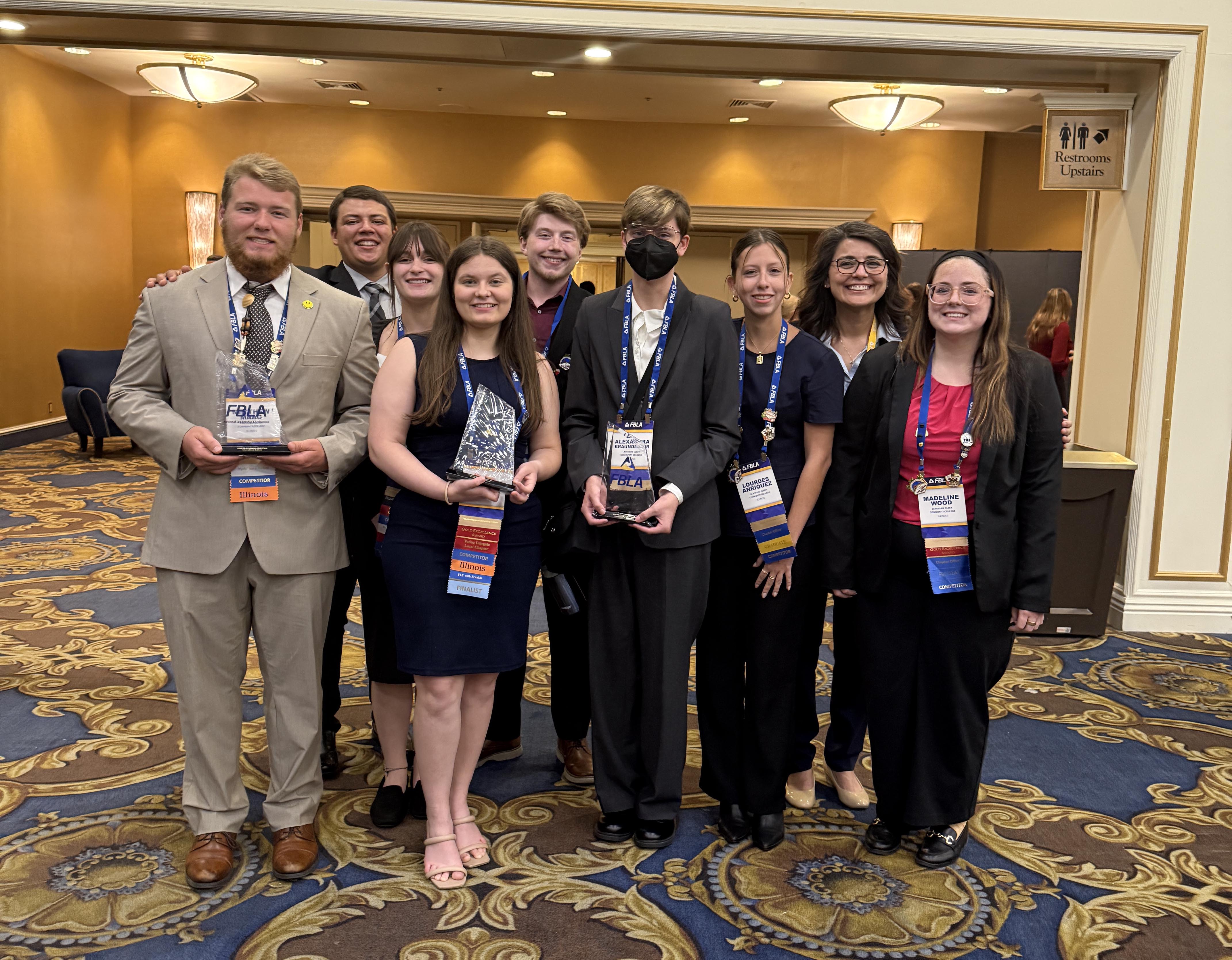 LC students recently competed in the Future Business Leaders of America, Inc.’s (FBLA) National Leadership Conference (NLC) in June. From left to right, they are Matthew Maag, Roland Gonzalez (back), Endora Spencer (back), Julia Janus, Kylen Webb (back), Xander Braundmeir, Lou Anriquez, Christina Wickenhauser (back), and Maddie Wood. Photo by Christina Wickenhauser, LC FBLA Advisor & Associate Professor, Accounting