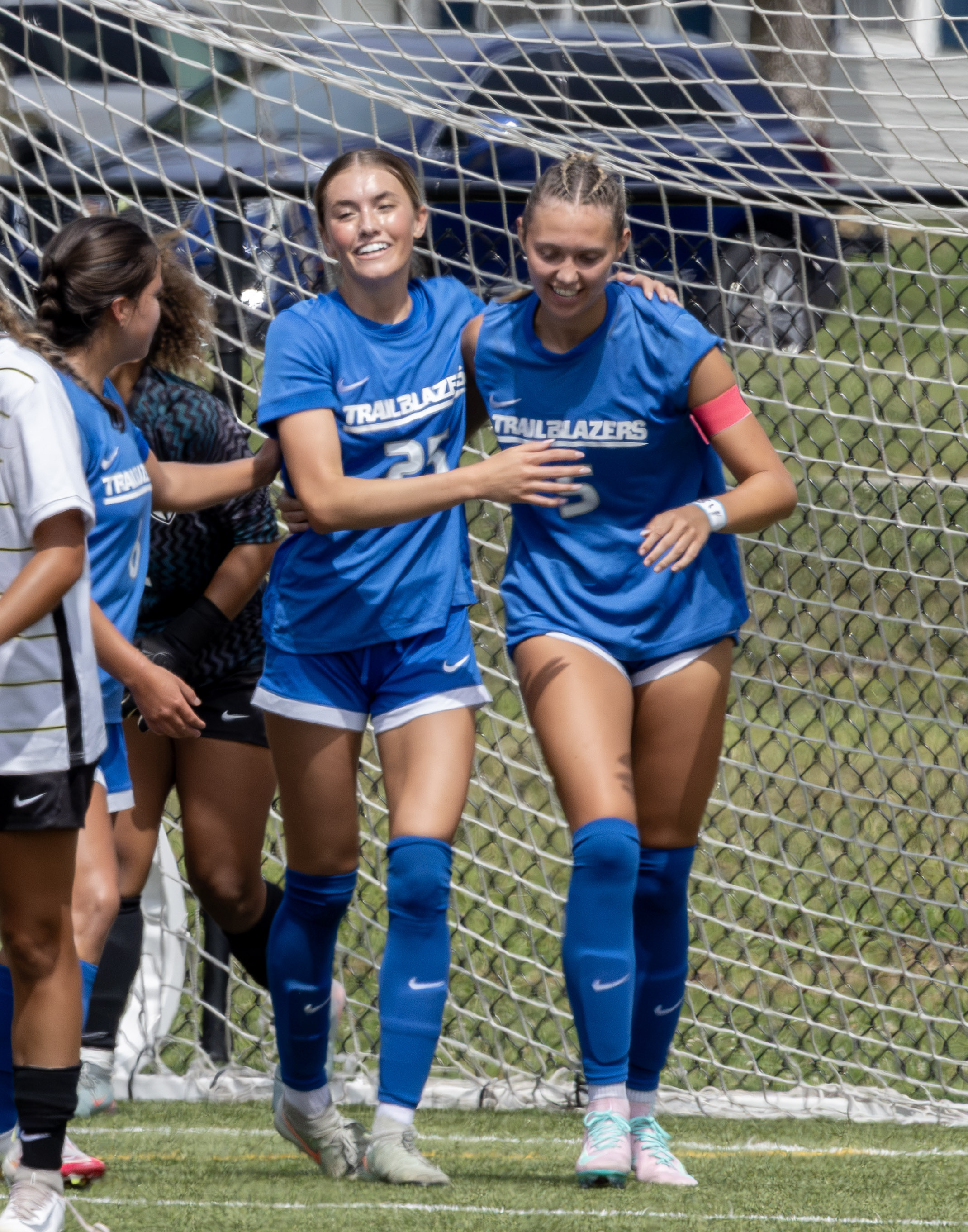 Sophomores Lucy Klumpp and Abby Knight celebrate after Klumpp’s goal in the Trailblazers’ Aug. 23 win over Motlow State. Photo by Jan Dona, LC Marketing/PR.