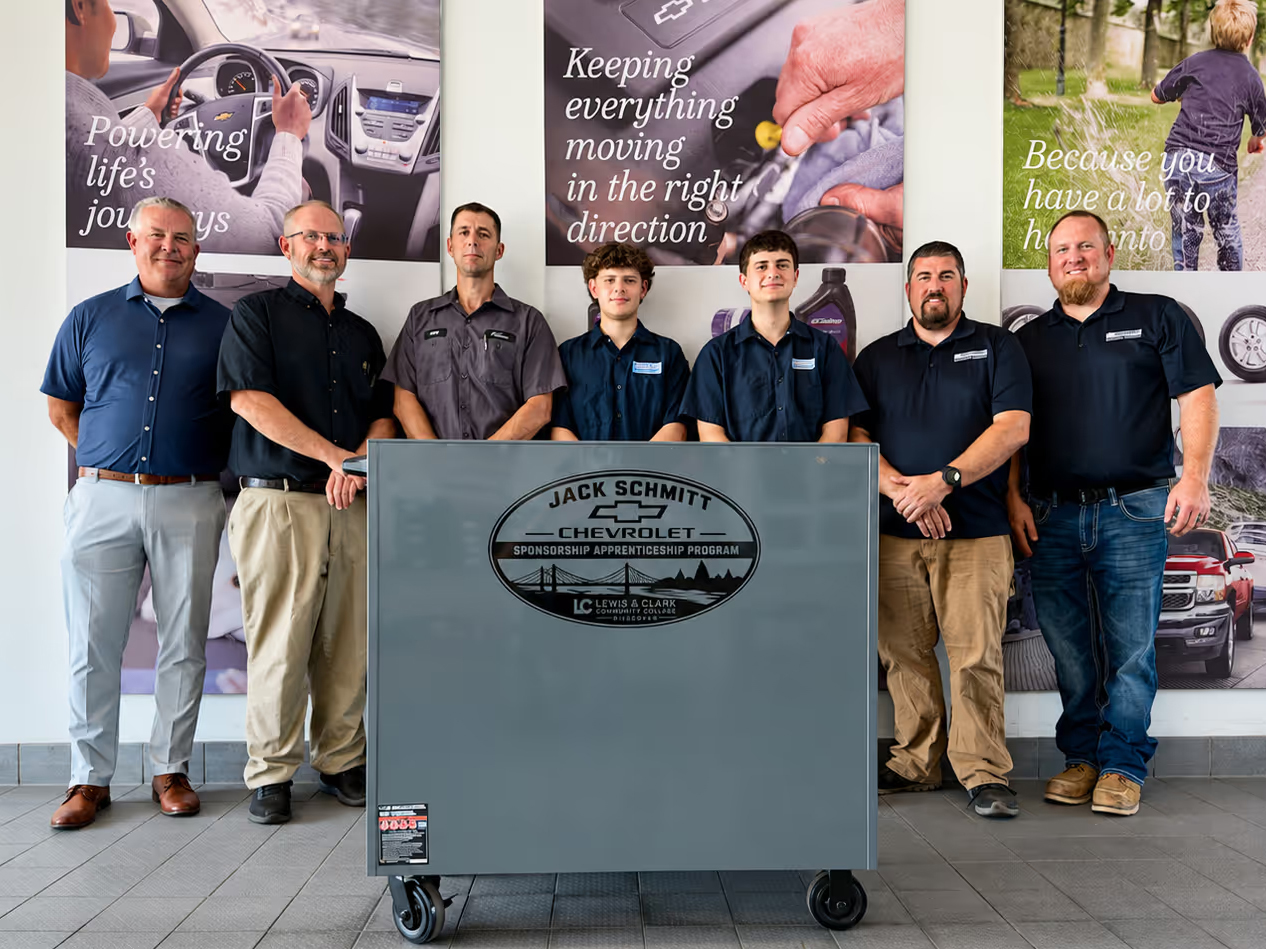 Representatives from Jack Schmitt Chevrolet of Wood River and Lewis and Clark Community College celebrate the launch of their new Automotive Technology sponsorship apprenticeship program. Pictured (from left to right) Mike Bolandis (Fixed Operations Director, Schmitt Dealer Group), Colby Stellhorn (Jack Schmitt Chevrolet Service Manager), Tony Nalley (World Class GM Tech, Jack Schmitt Chevrolet), Nathaniel Viehweg (Current LC Auto 1st-year student and Jack Schmitt Intern), Simon Purcell (current LC Auto 2nd-year student), Ben Cook (LC Auto Co-coordinator/Instructor) and Clayton Renth (LC Auto Co-coordinator/Instructor).